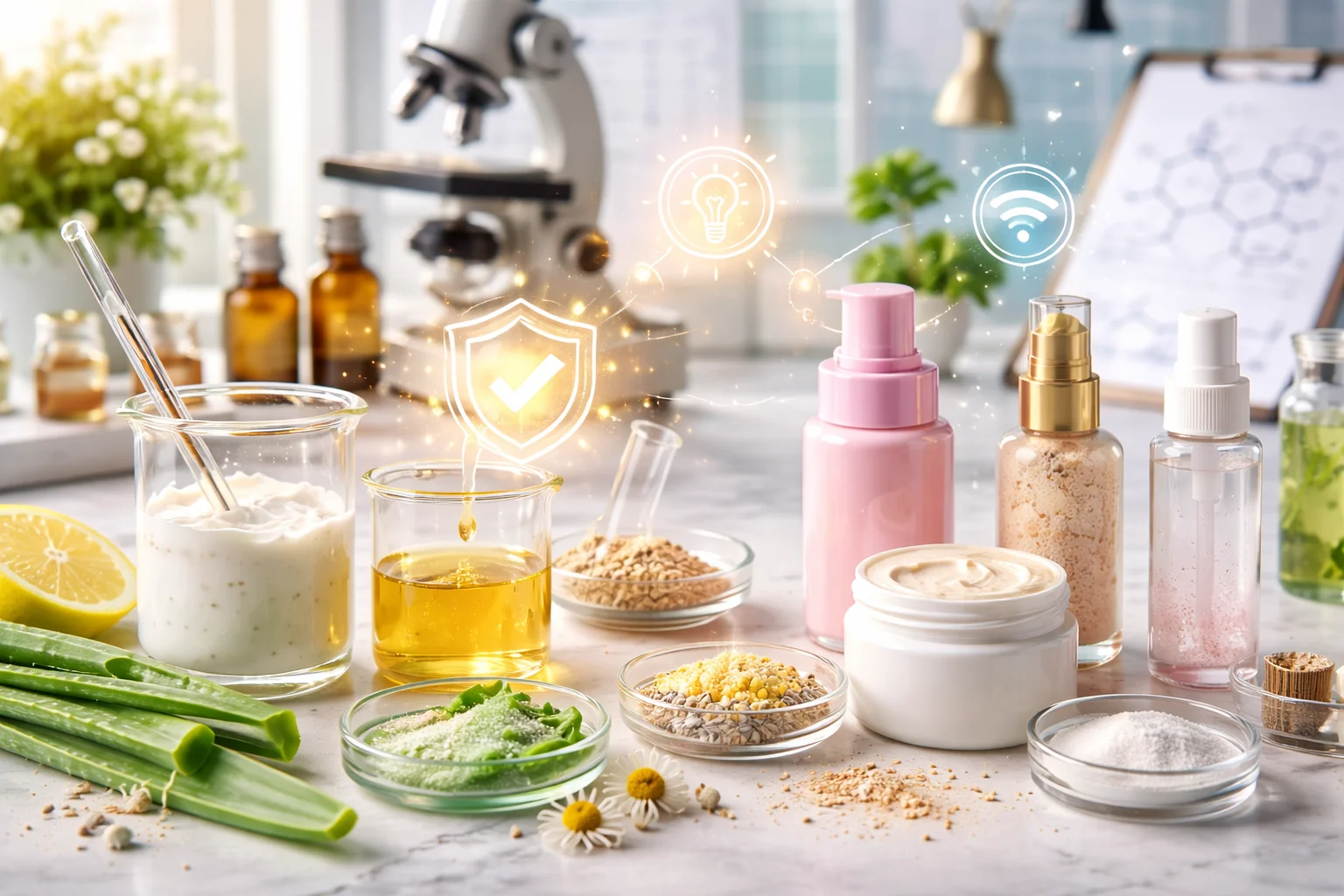 A split image showing a chemical formula on one side and cosmetic packaging on the other.