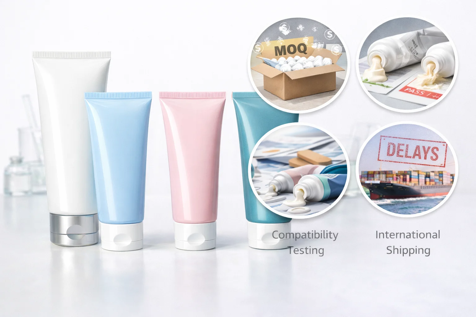 A calculator and packaging samples on a desk