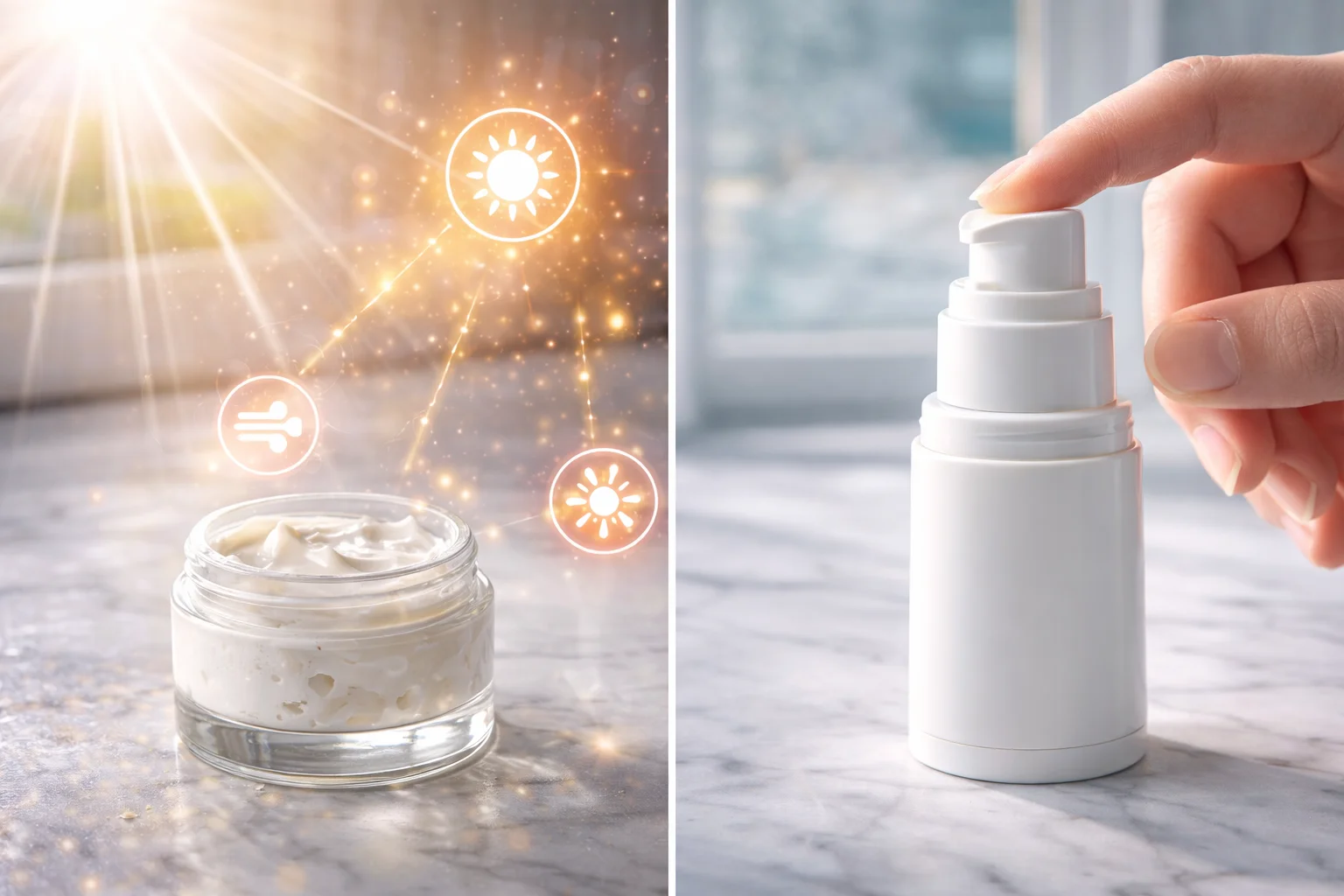 An airless pump bottle next to an open jar, showing protection vs. exposure.