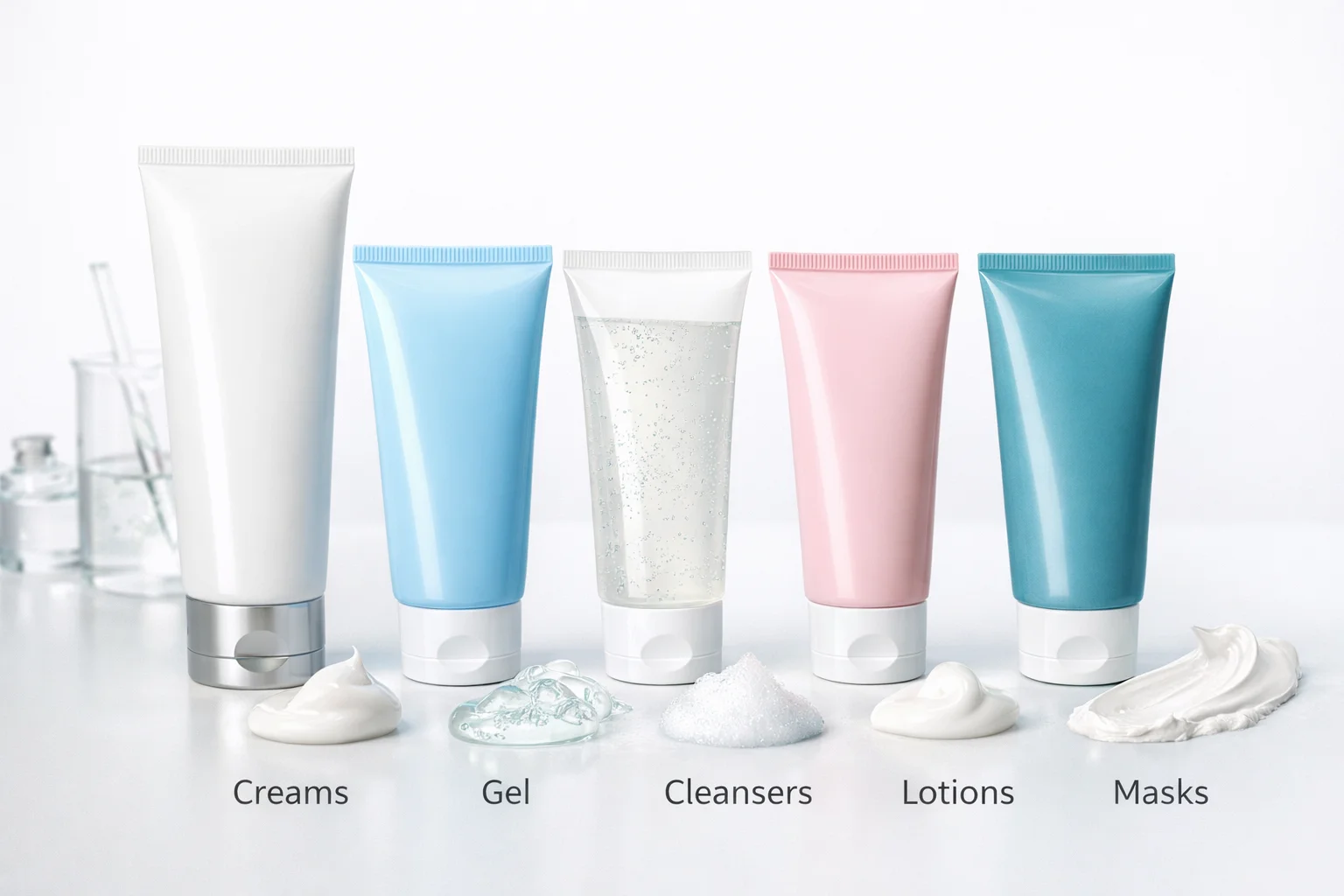 Five assorted skincare product tubes labeled: creams, gel, cleansers, lotions, and masks, with sample textures in front.