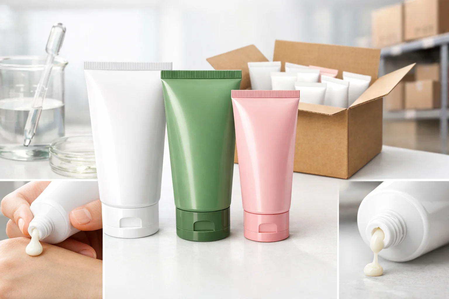 A hand squeezing cream from a white tube