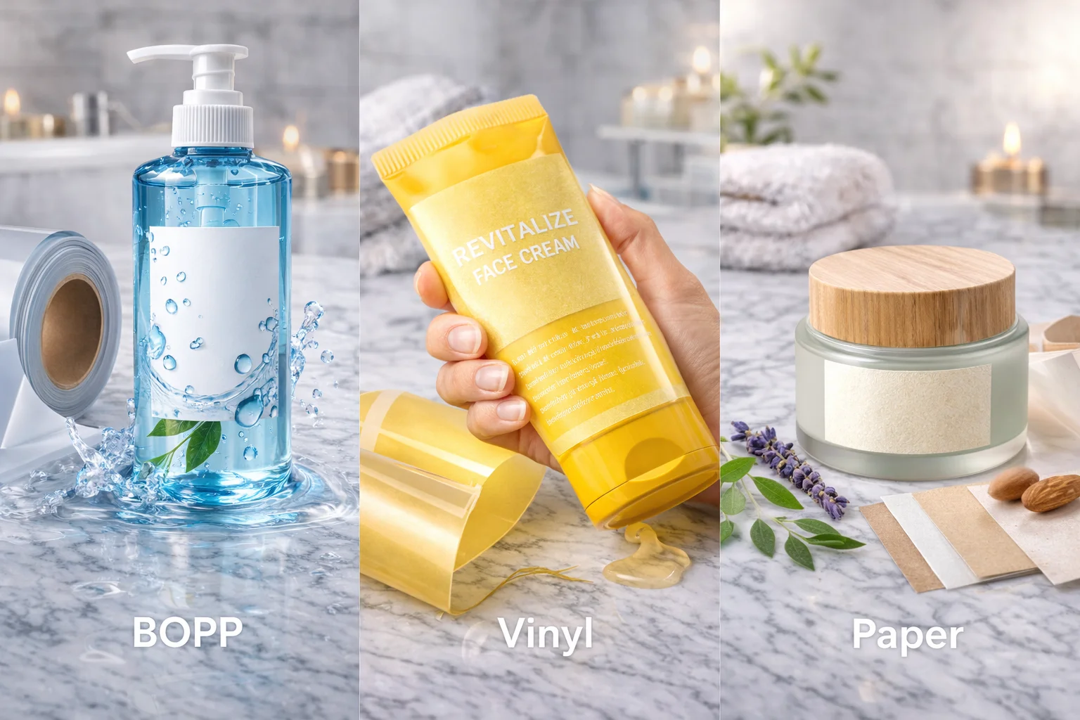 a swatch book showing different label materials like BOPP, vinyl, and paper