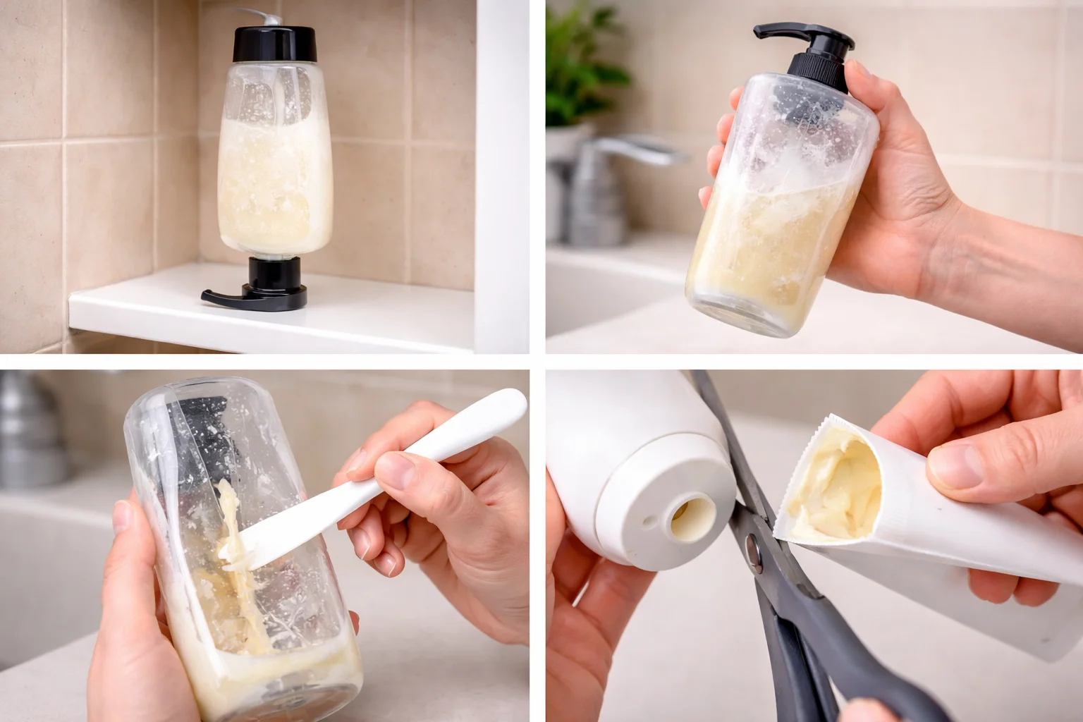 A shampoo bottle stored upside down in a shower caddy.