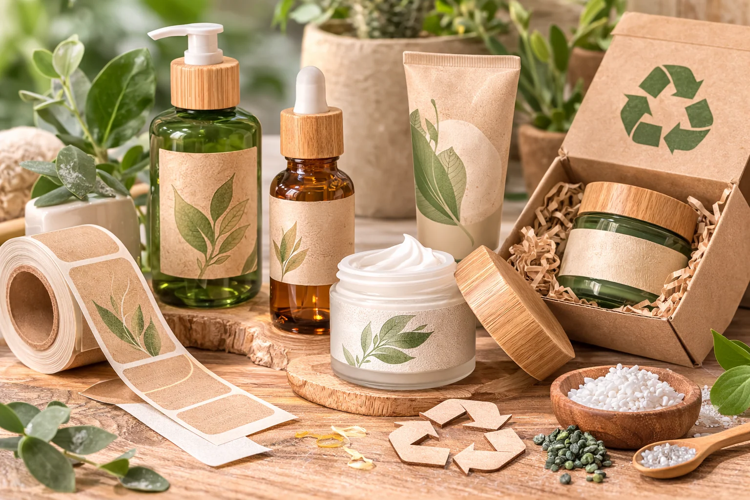 a cosmetic label with a "recycled material" symbol