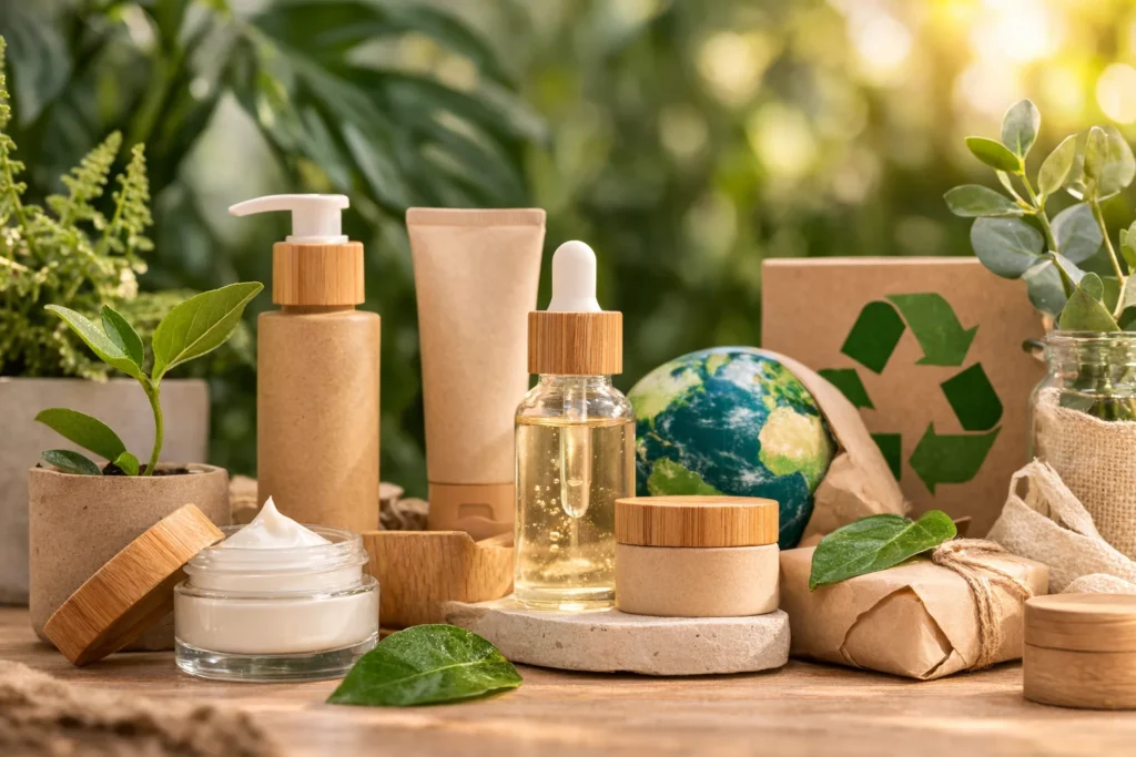 A collection of eco-friendly cosmetics with sustainable packaging, including bottles, jars, and natural materials, set against a greenery background.