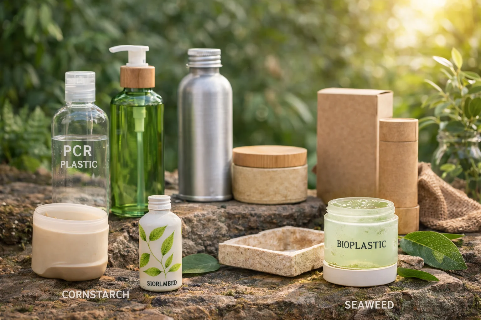 A flat lay of different sustainable materials like PCR plastic pellets, glass, aluminum, and bamboo