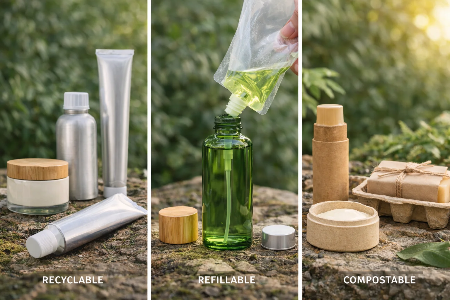 A display showing recyclable, refillable, and compostable cosmetic products side-by-side