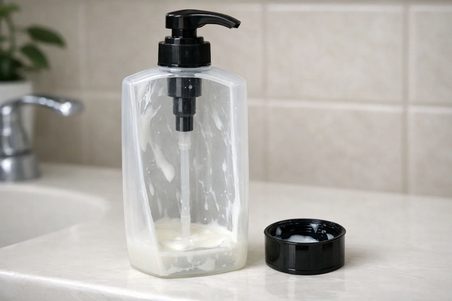 An empty shampoo bottle being held upside down.