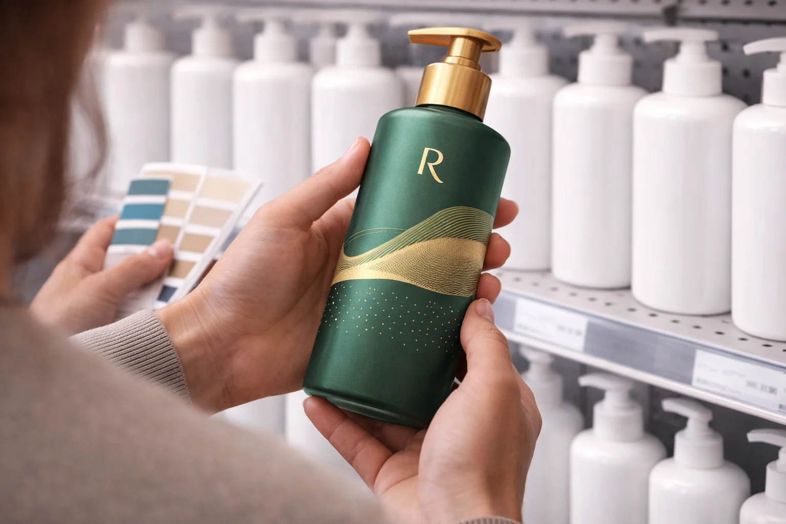 a standard bottle being customized with a unique color and cap