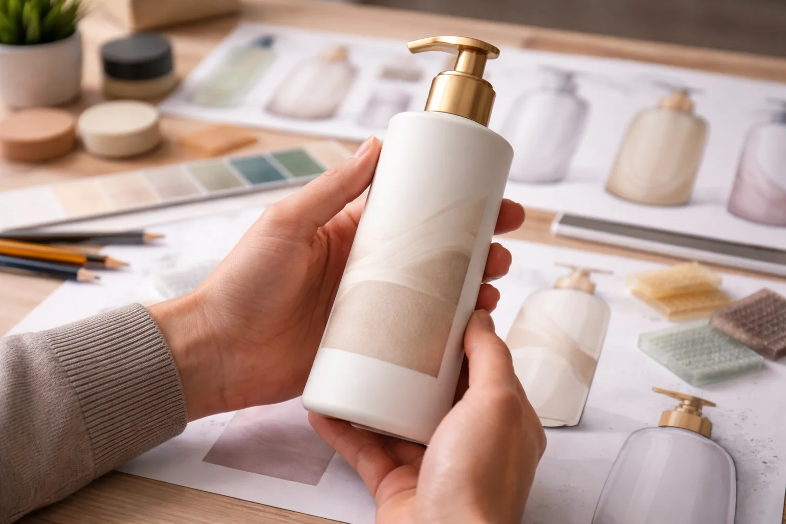 a designer sketching a new shampoo bottle design