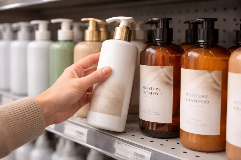 Person's hand picking up a white shampoo bottle from a store shelf, surrounded by various other shampoo bottles with labels.