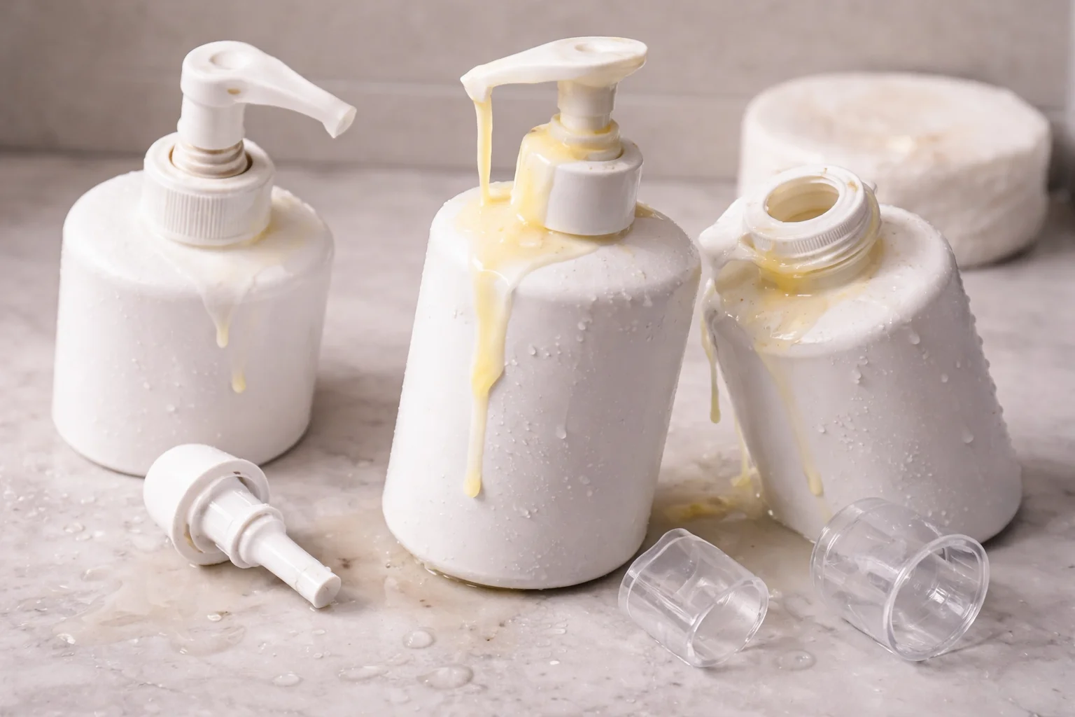 a broken shampoo bottle pump in a hand