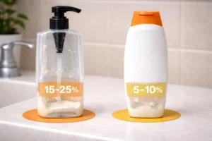 Two liquid soap bottles on a bathroom counter showing product waste percentages; pump bottle with 15-25% and squeeze bottle with 5-10%.