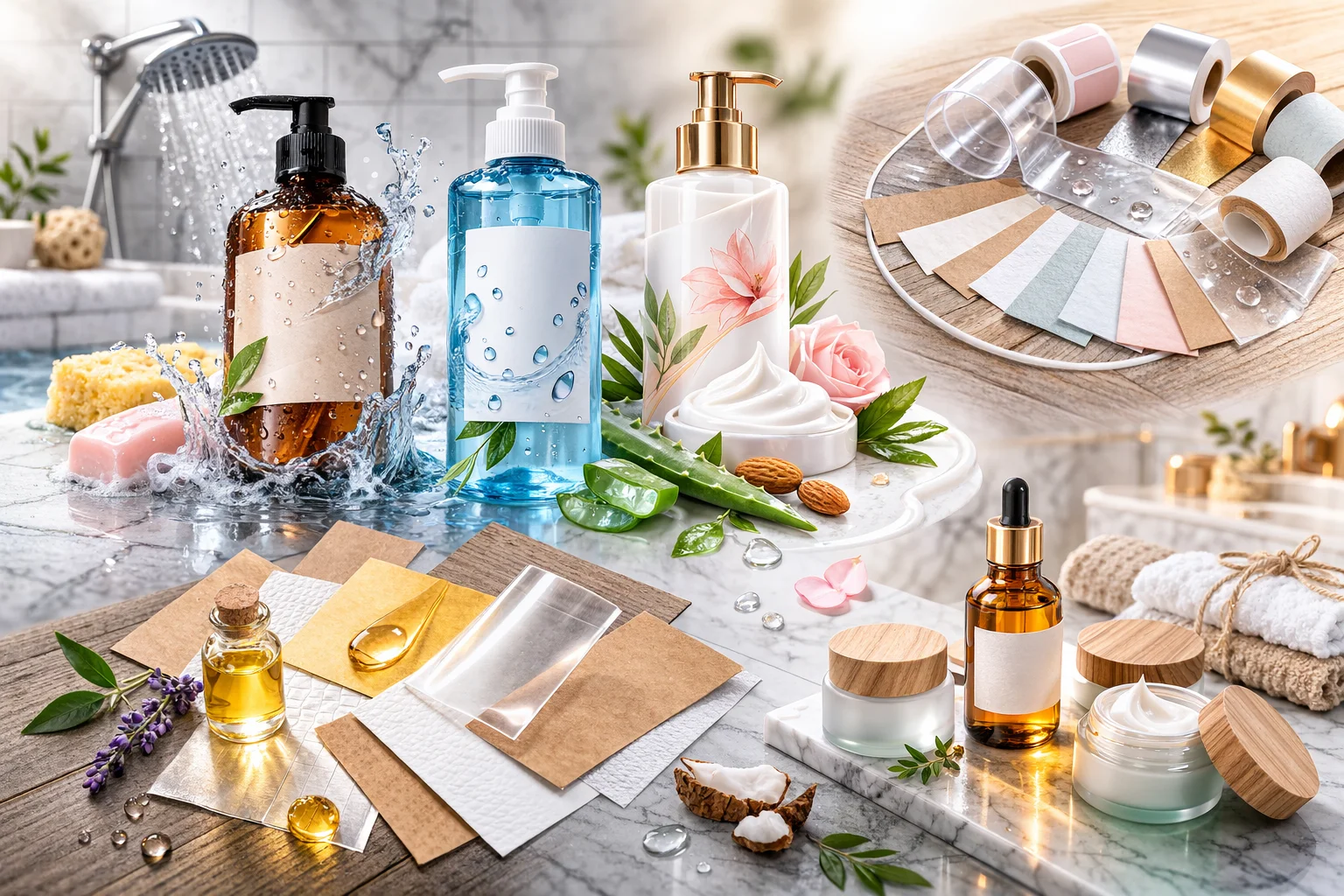 a close-up of different cosmetic label materials