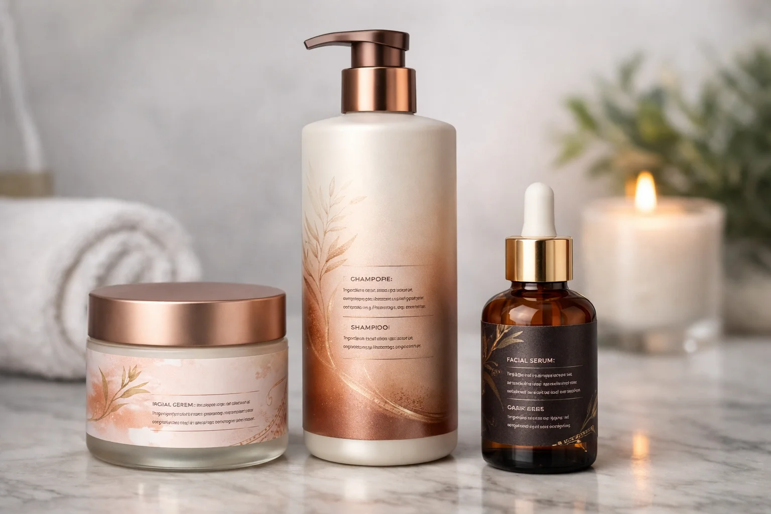 a collage of beautiful cosmetic labels on various products