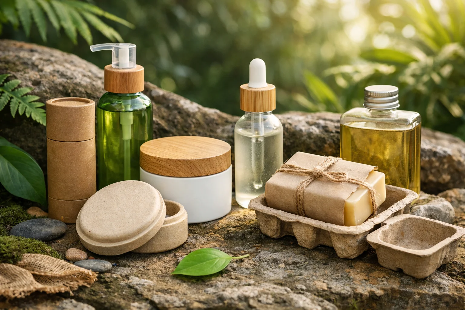 A collection of sustainable cosmetic containers made from glass, bamboo, and recycled plastic