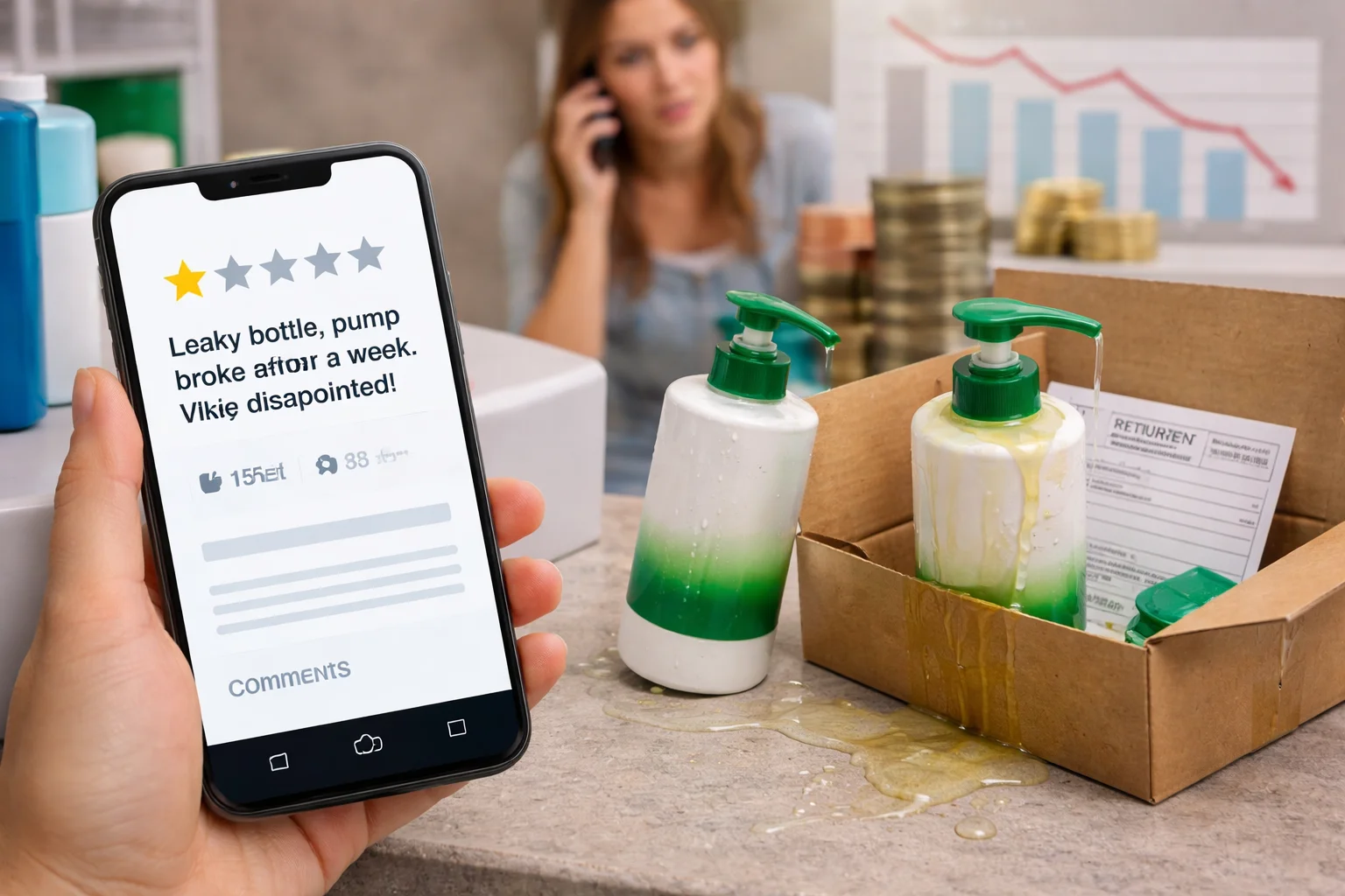 a customer writing a negative review on a laptop