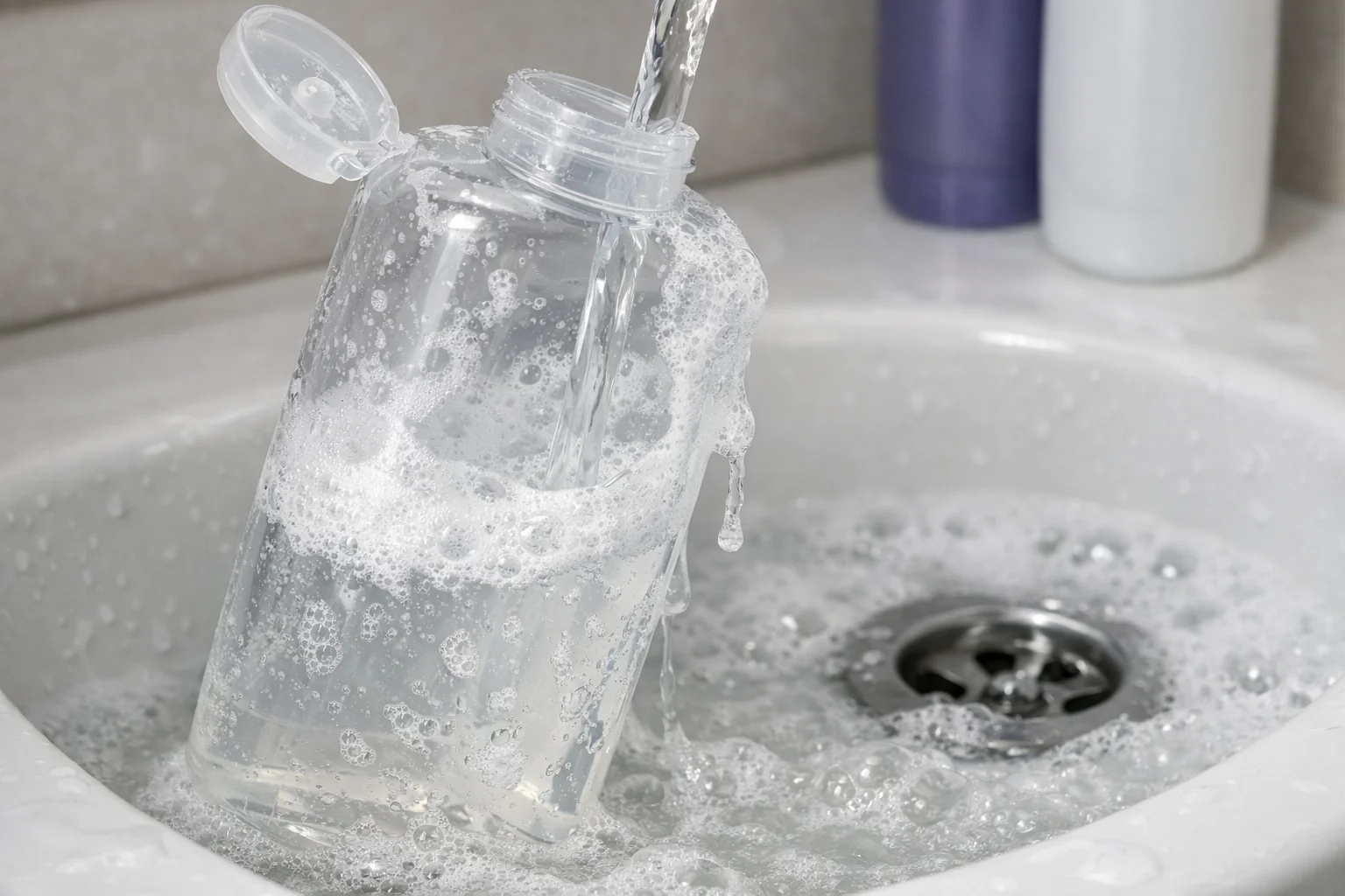 Water being added to a shampoo bottle creating bubbles.
