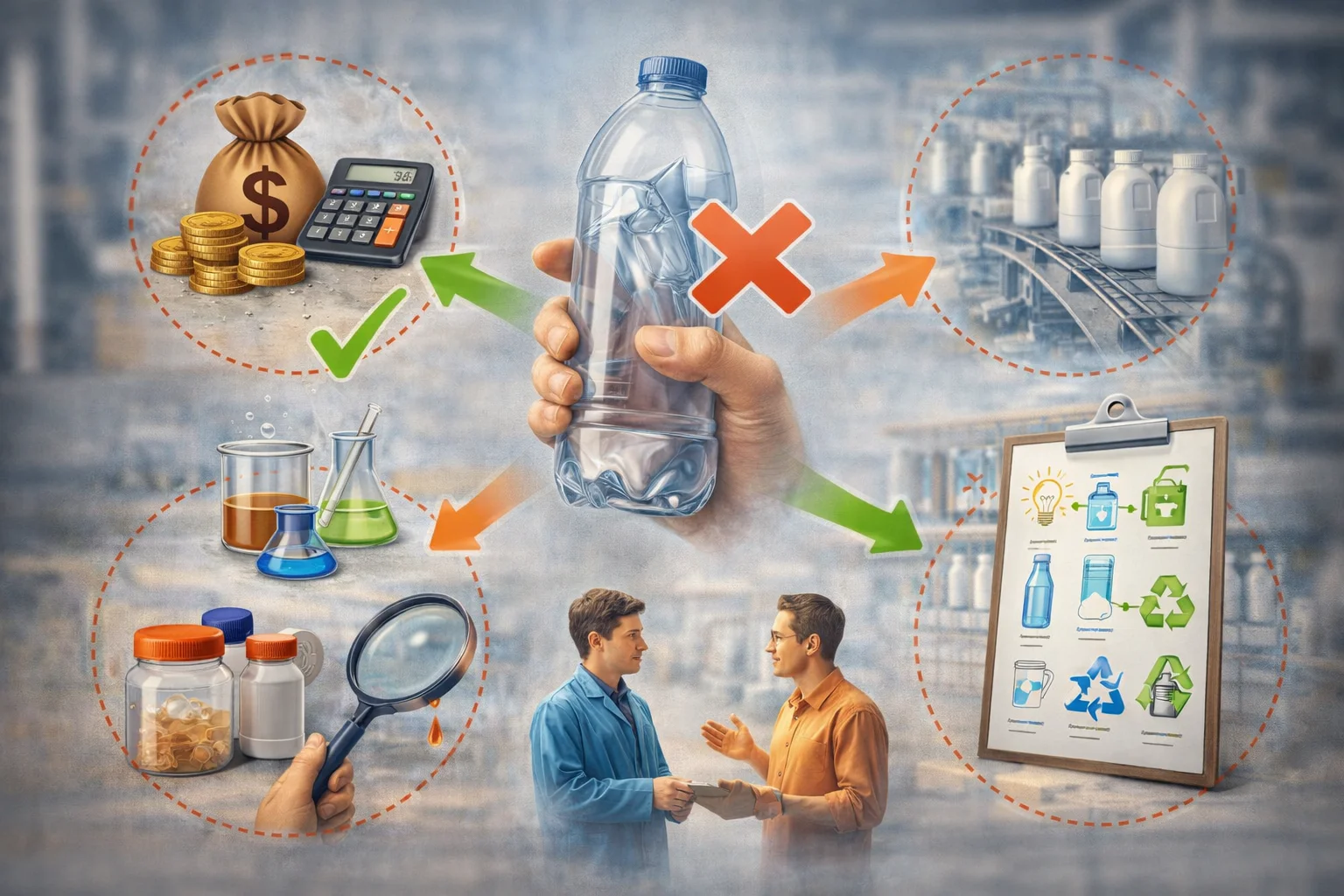 A cracked plastic container leaking its contents