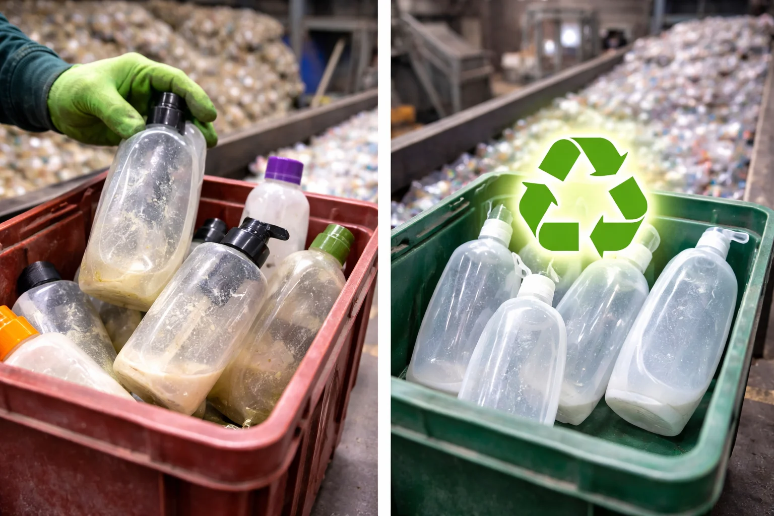 A recycling bin filled with clean, empty plastic bottles.