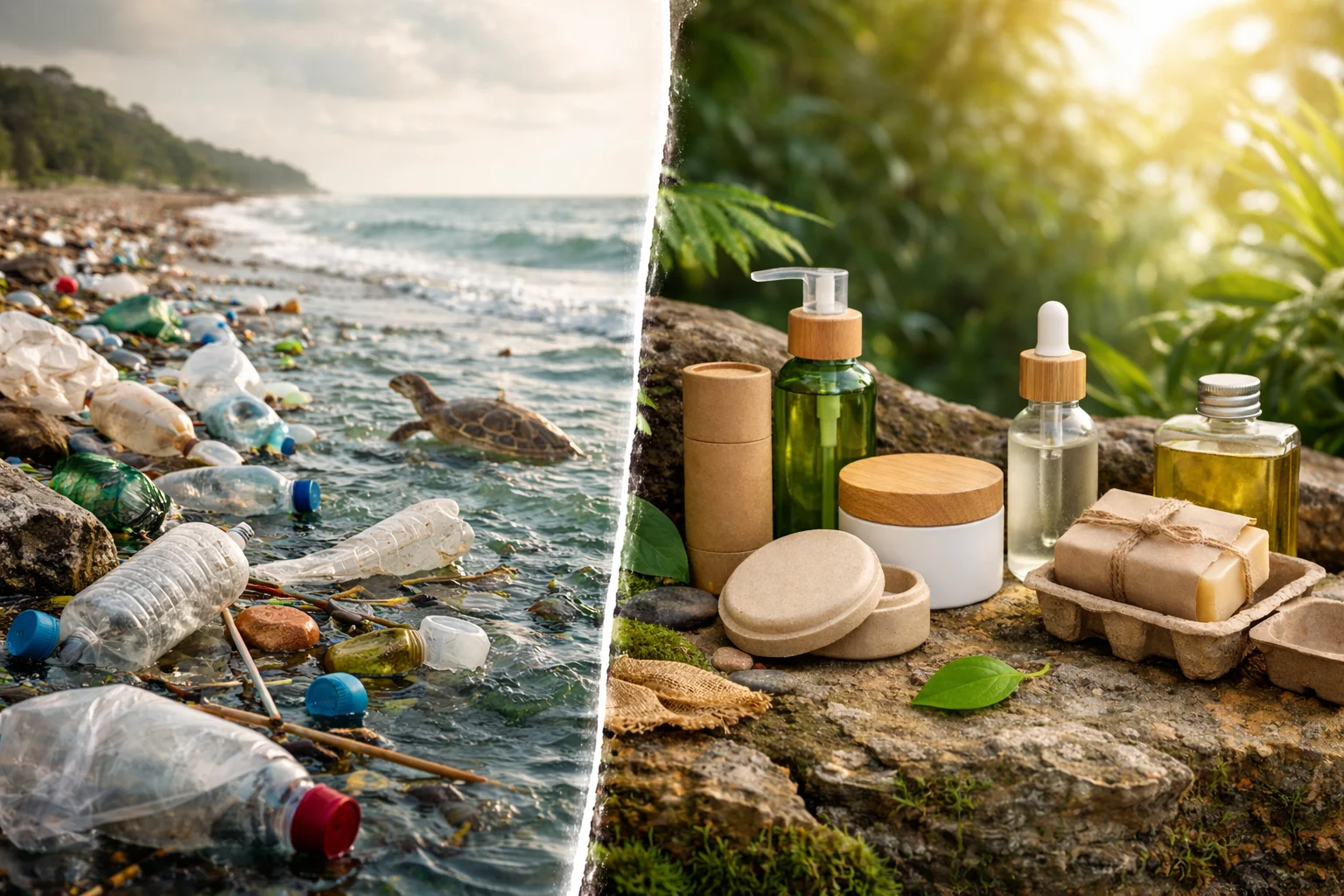 An image showing a clean beach next to one littered with plastic bottles