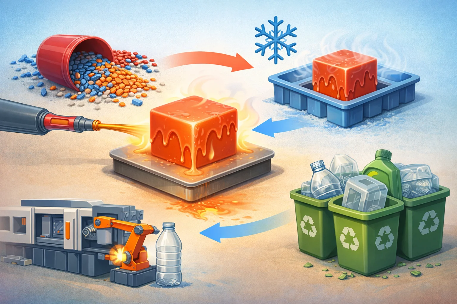 A diagram showing the heating and cooling cycle of thermoplastics