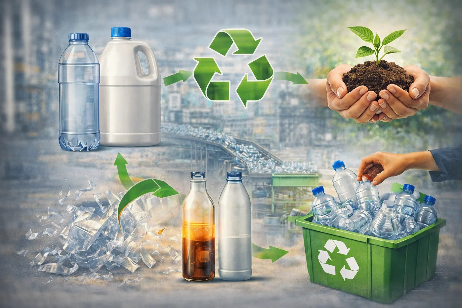 Recycling symbol on a plastic bottle with a green leaf background