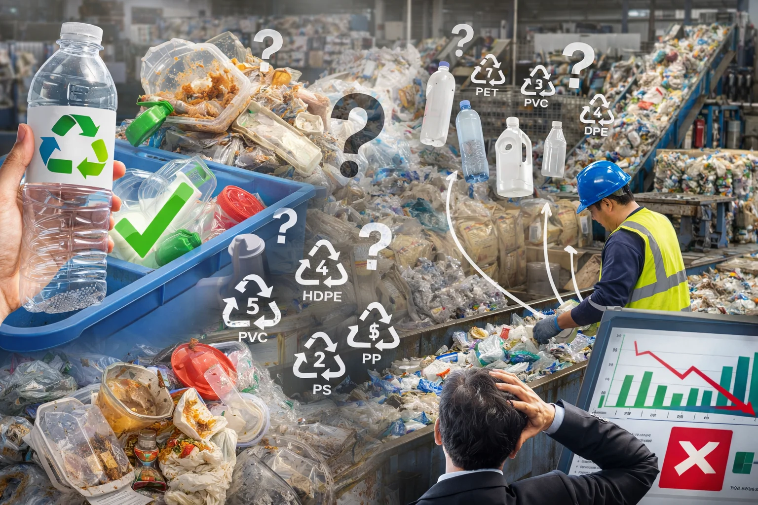 Complexities of Plastic Recycling Different types of plastic containers sorted into bins