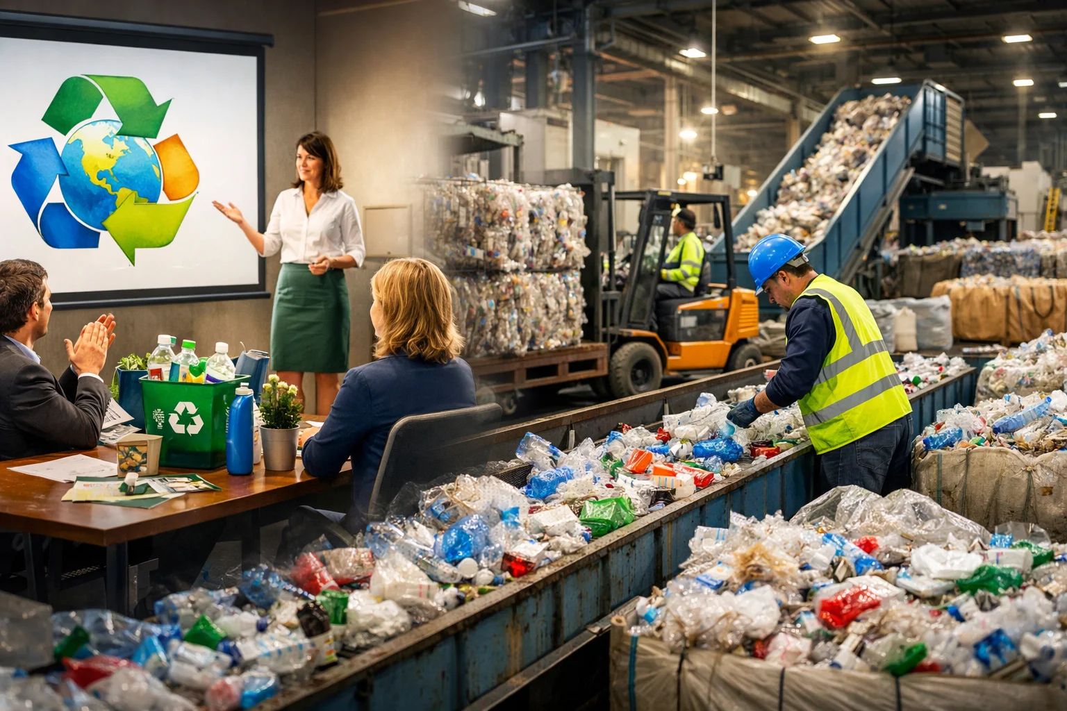 Business Plastic Recycling Programs A pile of sorted plastic bottles ready for recycling
