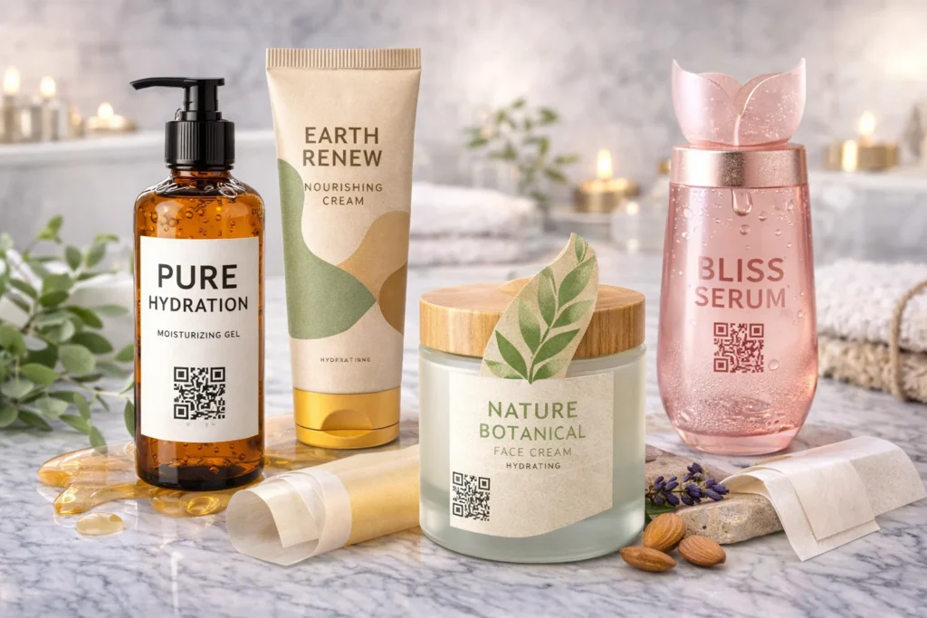 Various skincare products including moisturizing gel, nourishing cream, face cream, and serum on a marble countertop with plants and candles.