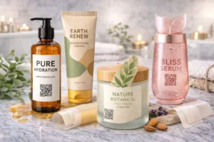 Various skincare products including moisturizing gel, nourishing cream, face cream, and serum on a marble countertop with plants and candles.