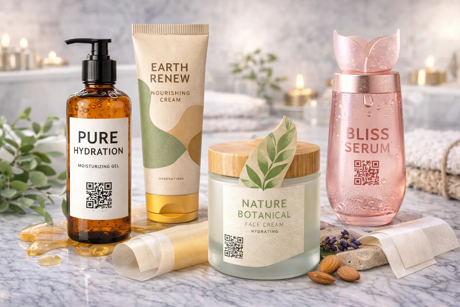 Various skincare products including moisturizing gel, nourishing cream, face cream, and serum on a marble countertop with plants and candles.