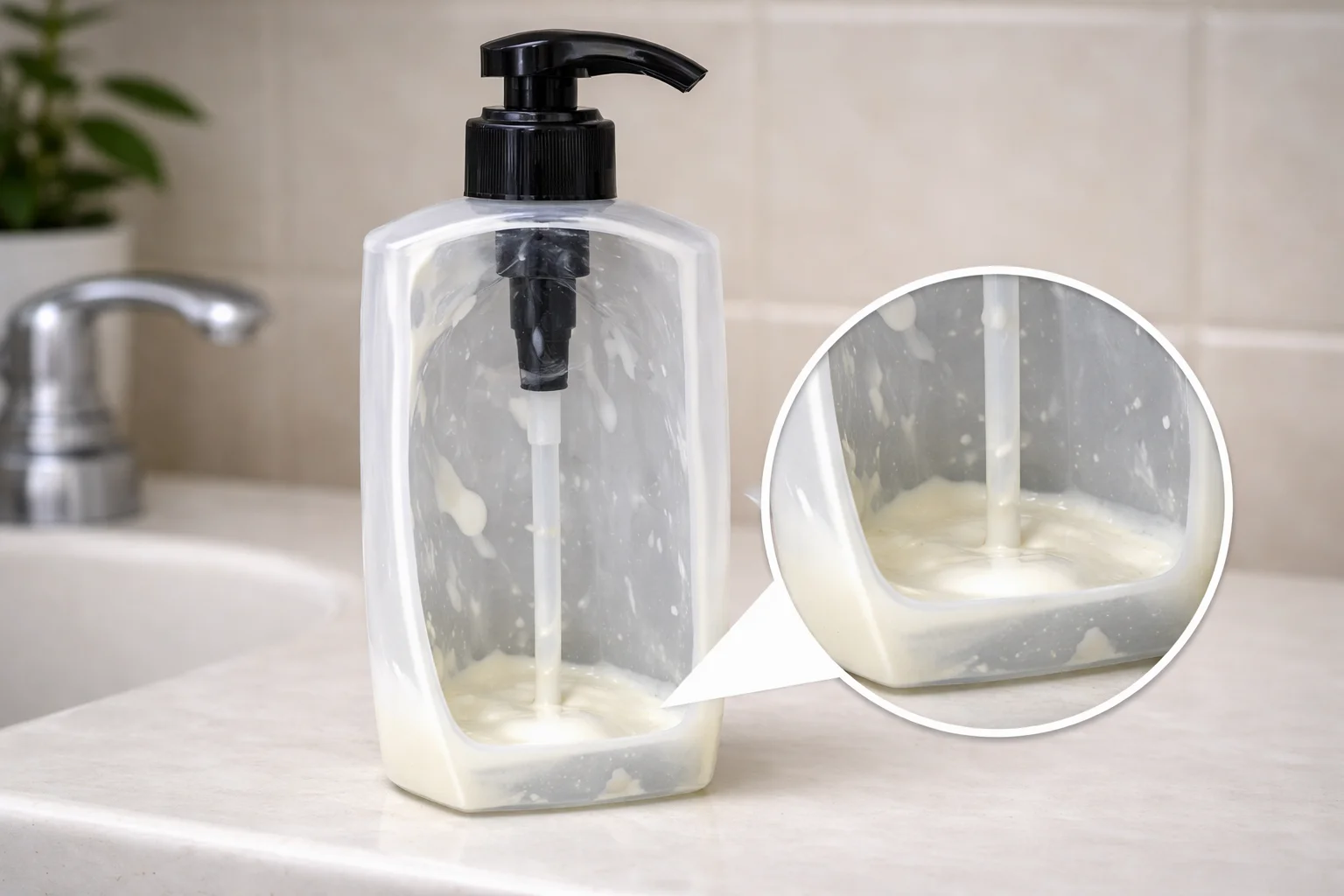 A close-up of shampoo clinging to the inside of a bottle.