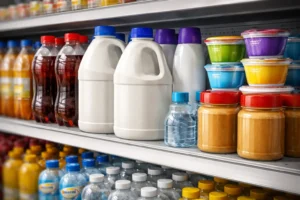 Various bottles, jars, and containers on supermarket shelves, including beverages, cleaning products, and colorful food items.