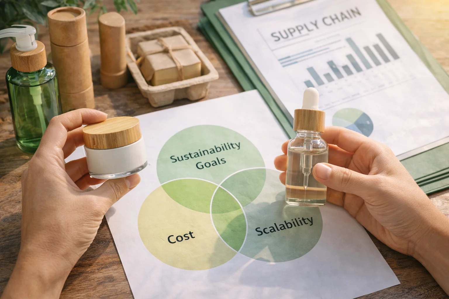 A diagram showing three overlapping circles: Sustainability, Cost, and Scalability