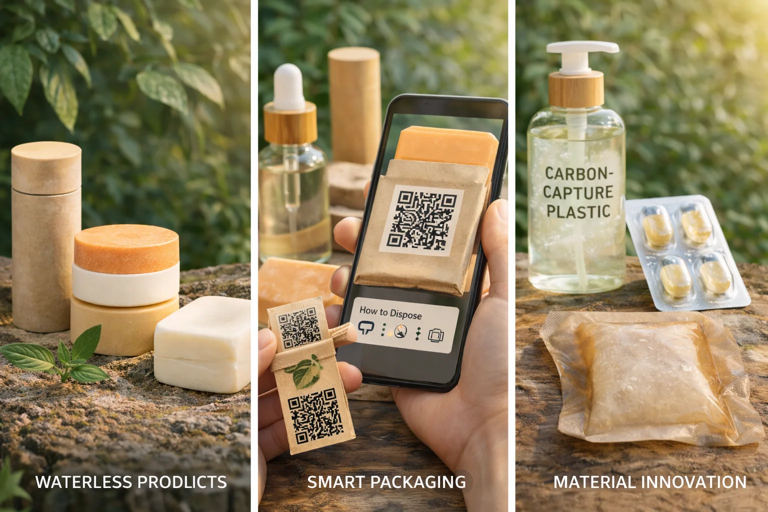 A futuristic image of a shampoo bar, a smart QR code on a bottle, and a plant-based material