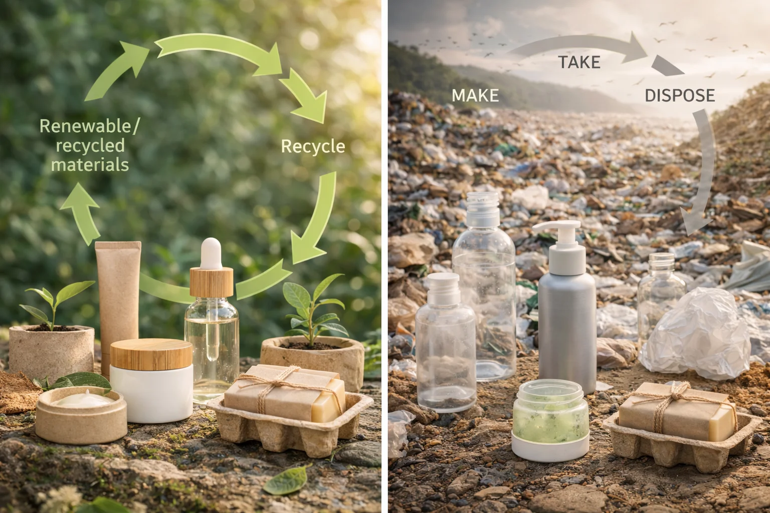 A linear arrow showing 'take-make-dispose' above a circular arrow showing 'use-reuse-recycle'