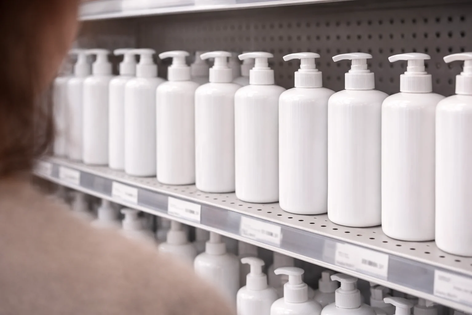 a group of identical, generic shampoo bottles