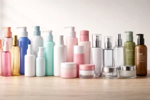 A collection of assorted cosmetic bottles in various pastel and neutral colors, including pump bottles, jars, and spray containers, placed on a wooden surface.