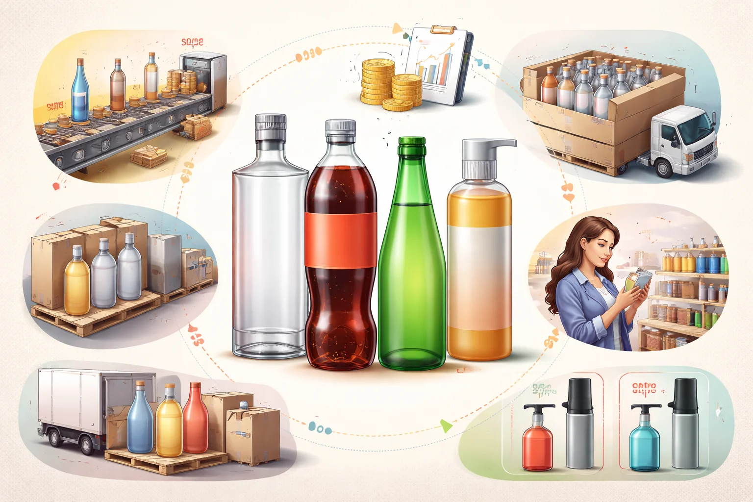 Different bottle shapes on a production line.