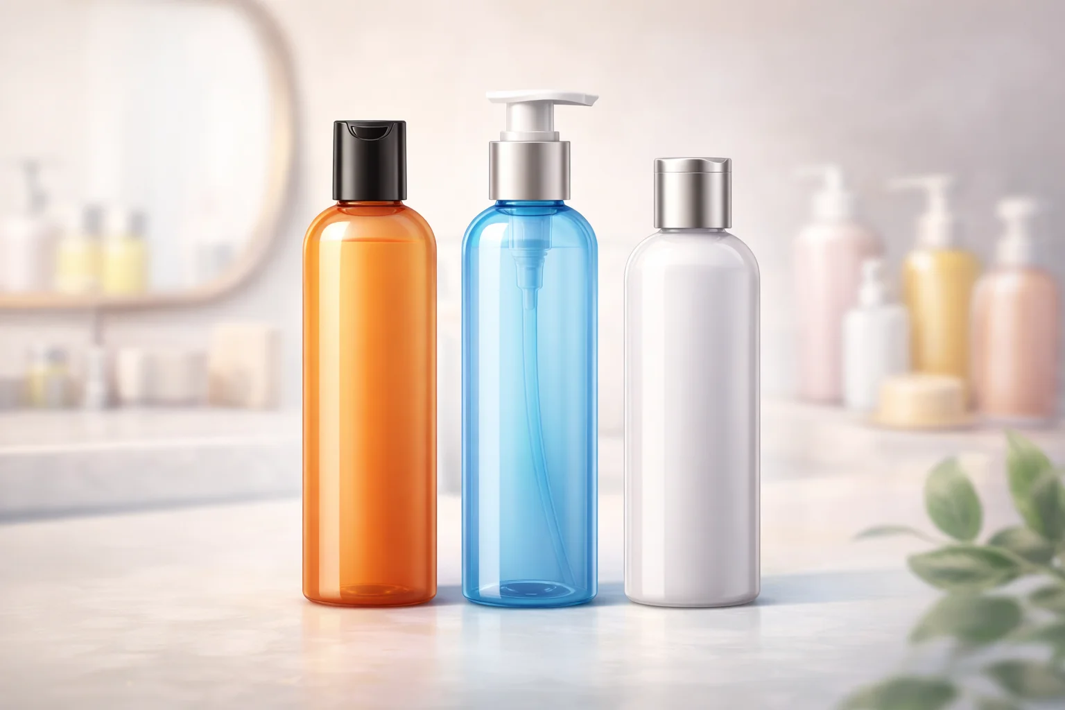 A clear PET cosmo round bottle with a white pump.