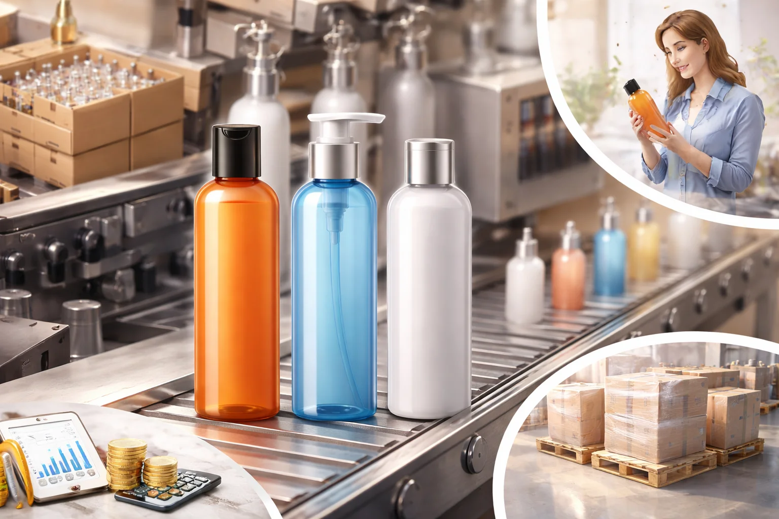 A shelf full of products in cosmo round bottles.