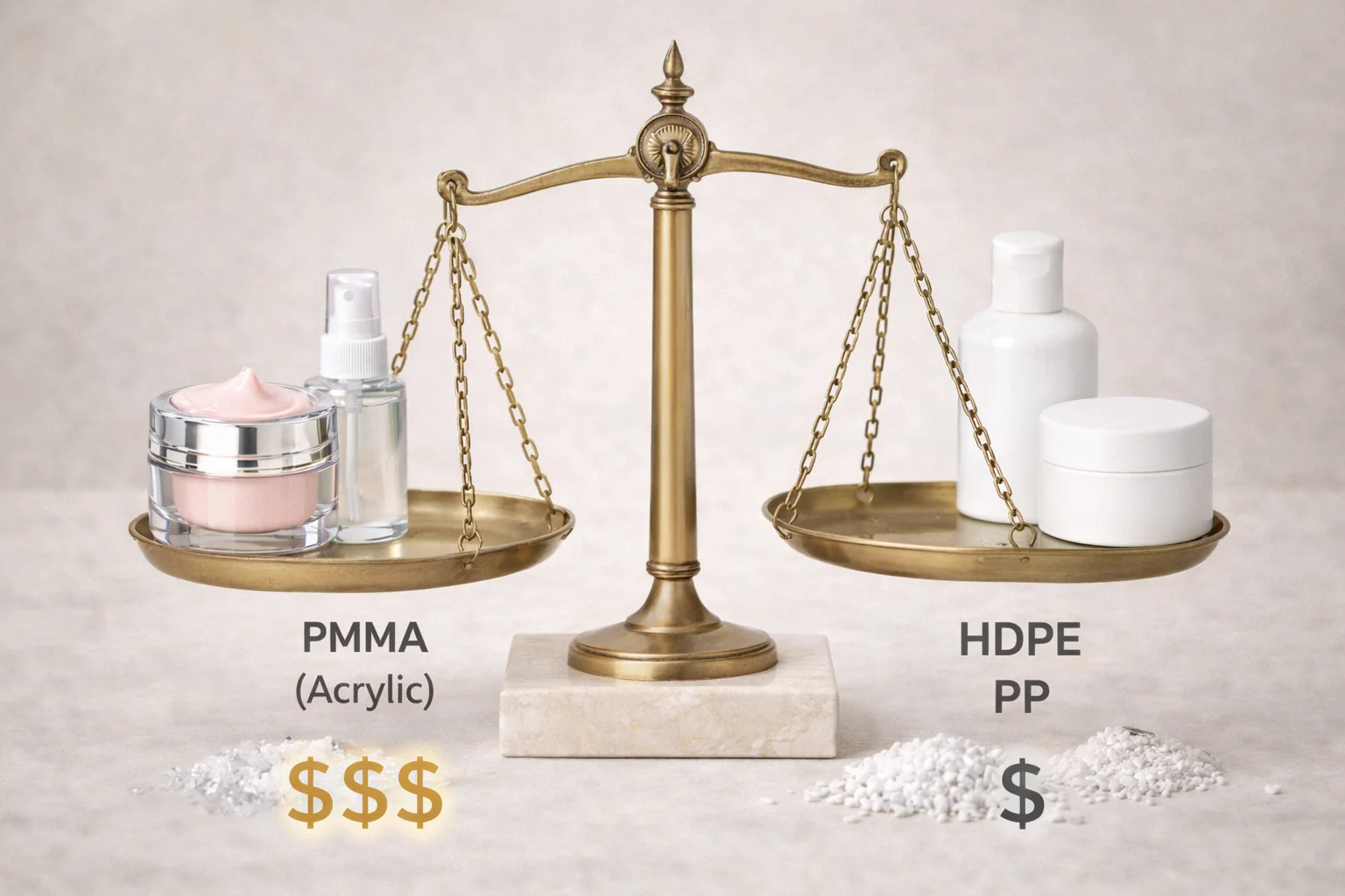 A scale weighing different plastic pellets