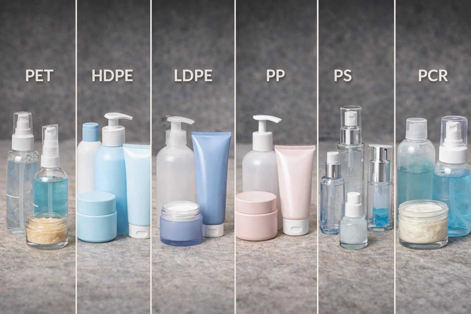 A collection of different plastic cosmetic bottles