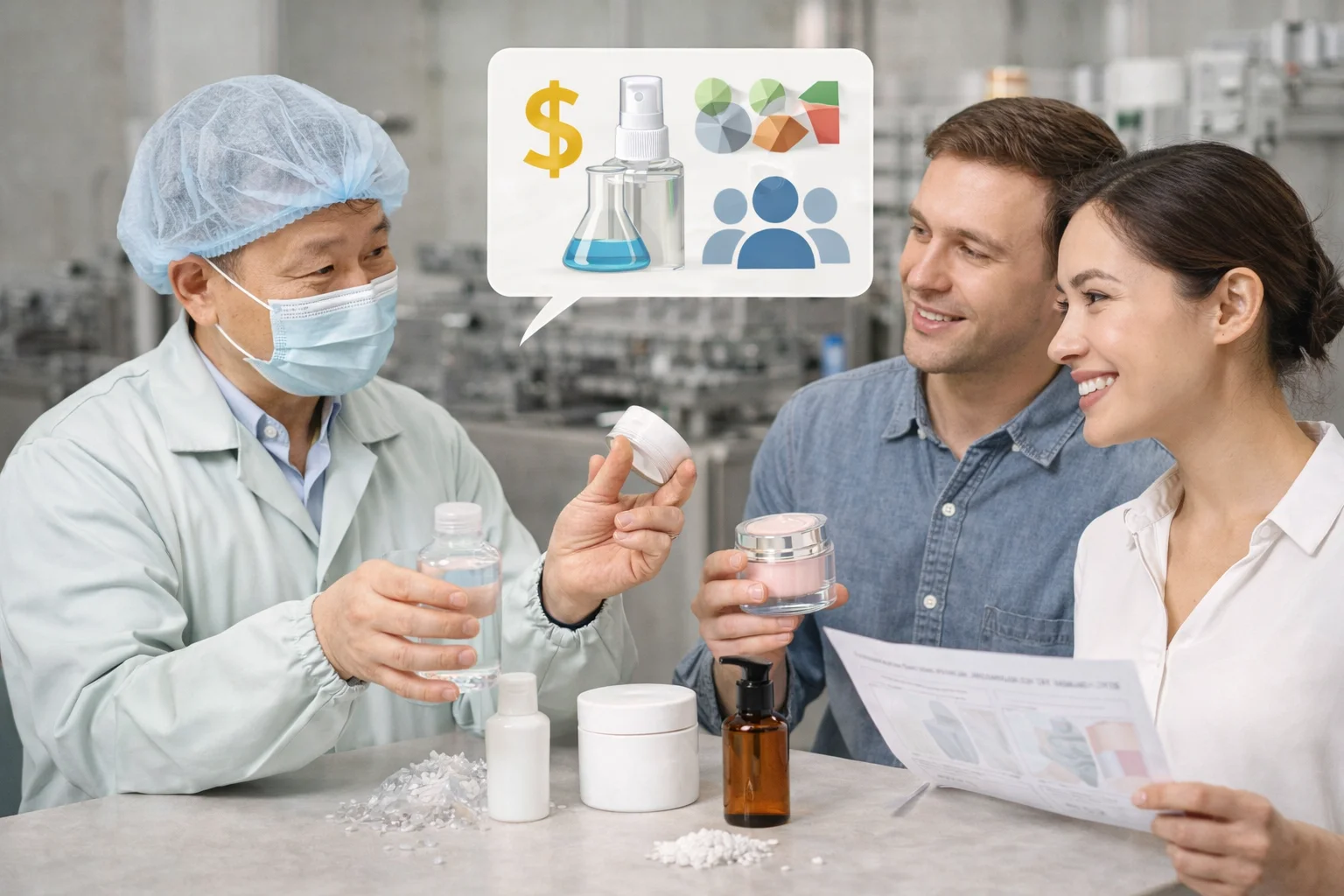 A factory manager and a brand owner reviewing plans