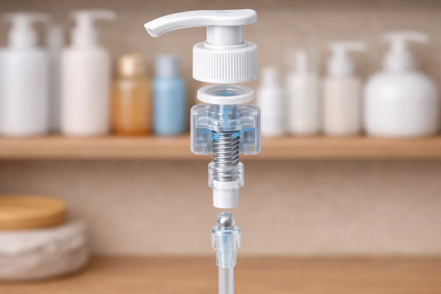 Key Parts of a Lotion Pump Exploded view of a lotion pump showing all its parts