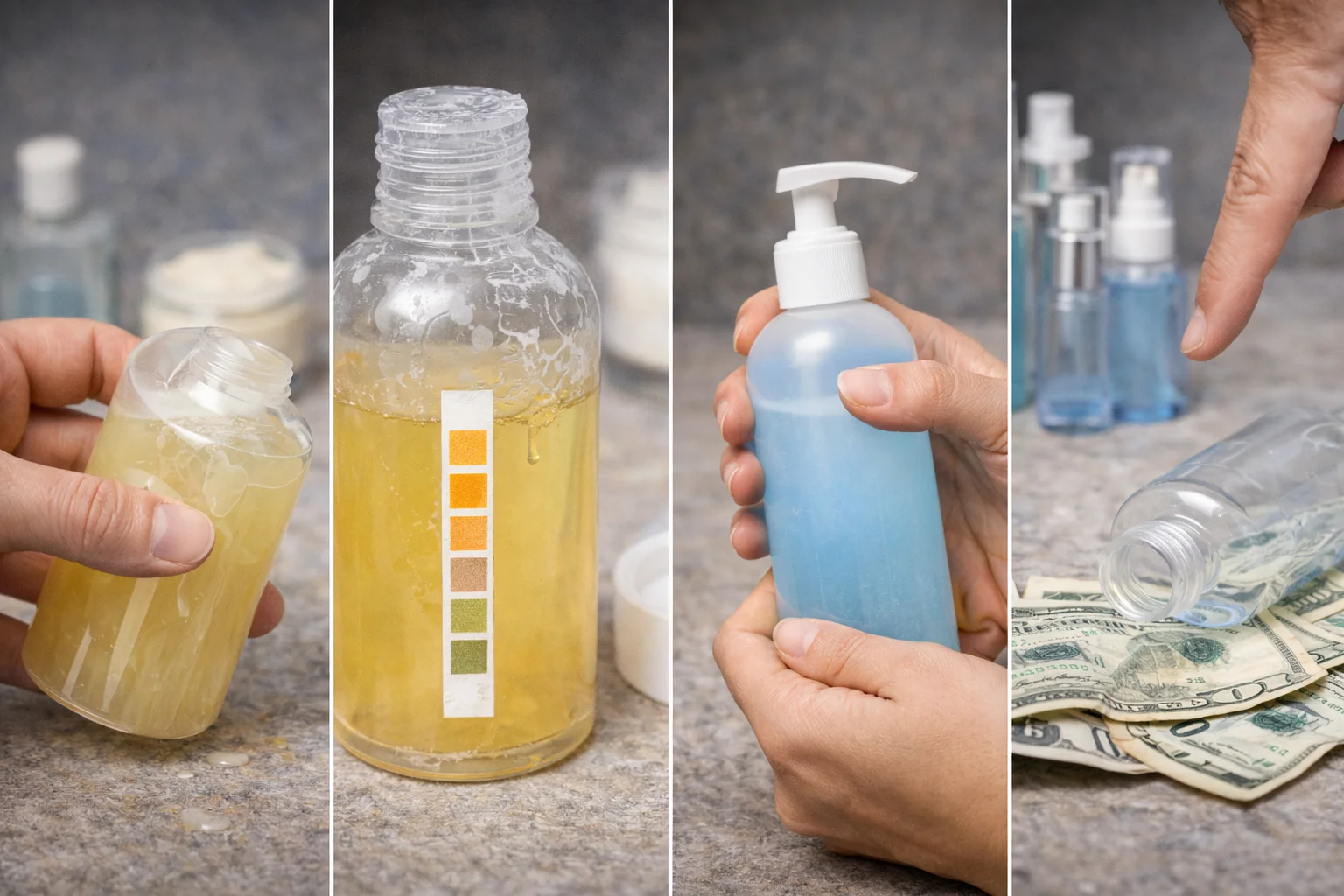 A cracked and a pristine cosmetic bottle side-by-side