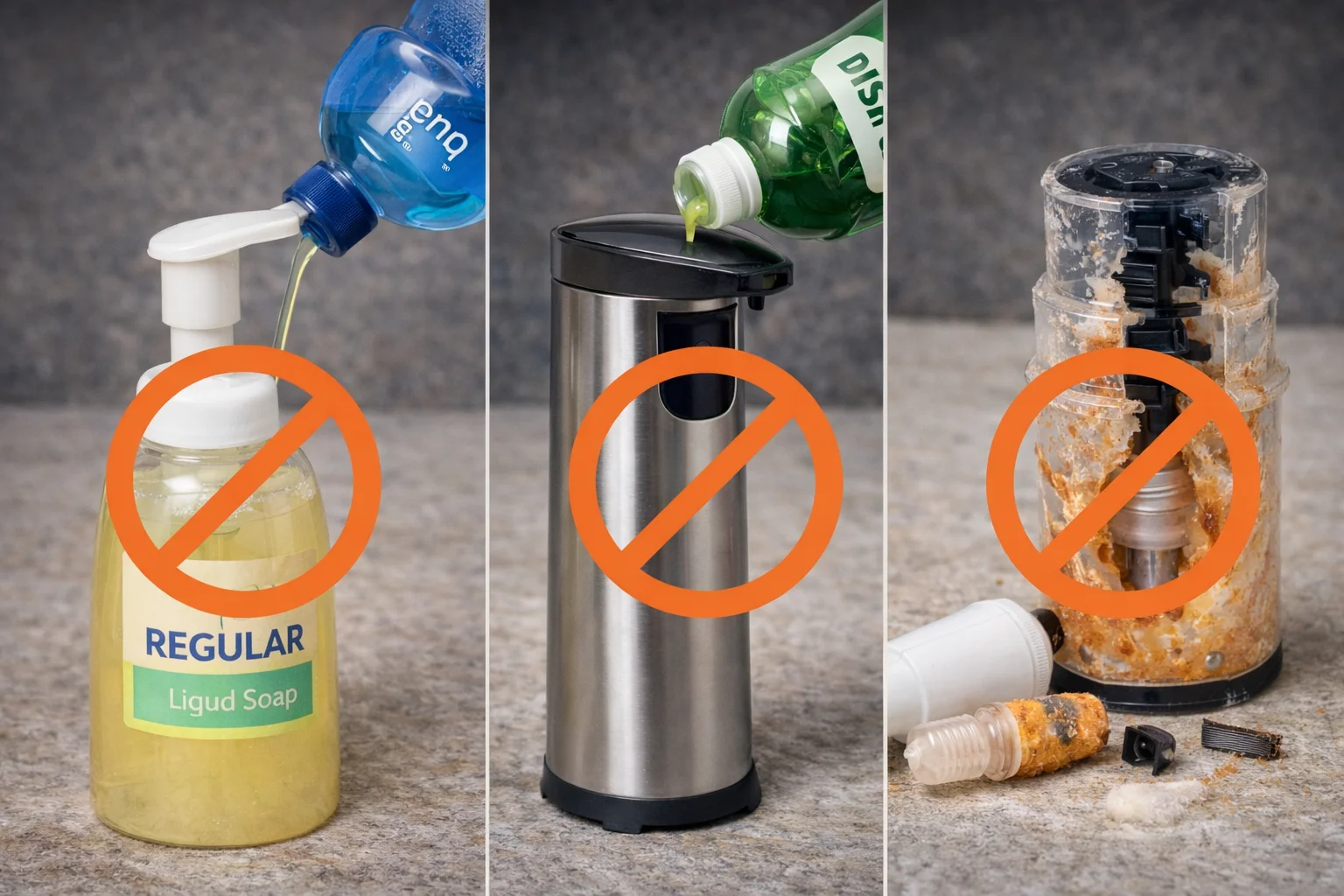 A person incorrectly pouring thick soap into a foaming dispenser