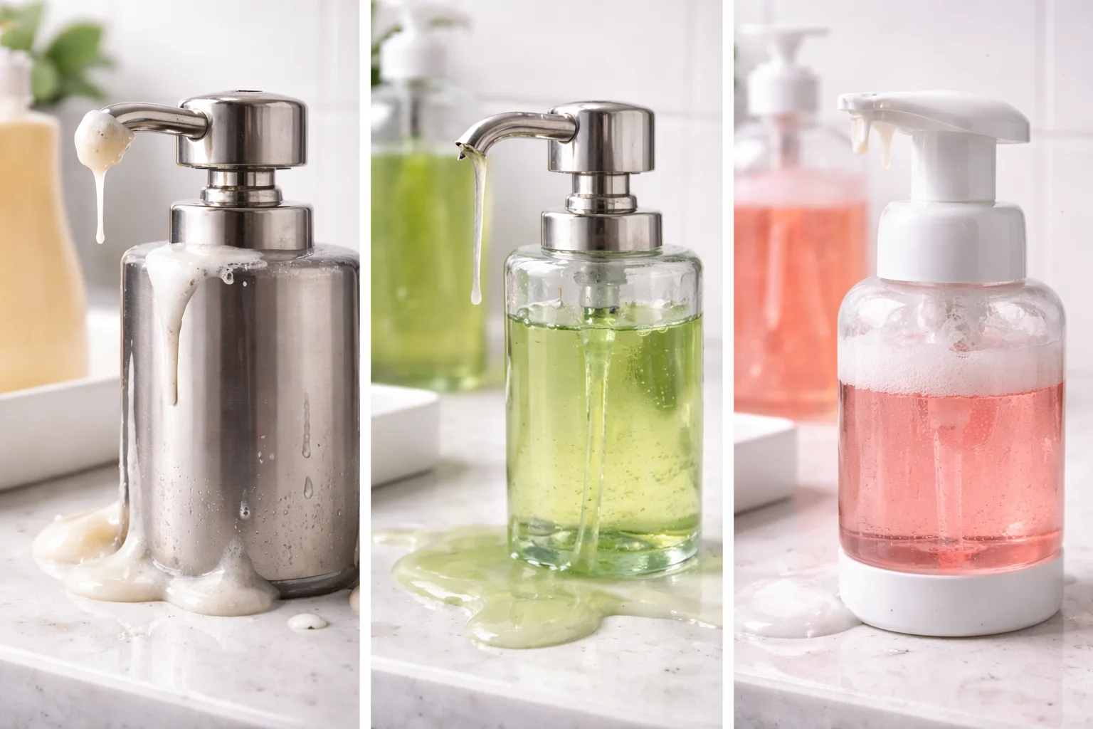 Different types of liquid soap in bottles