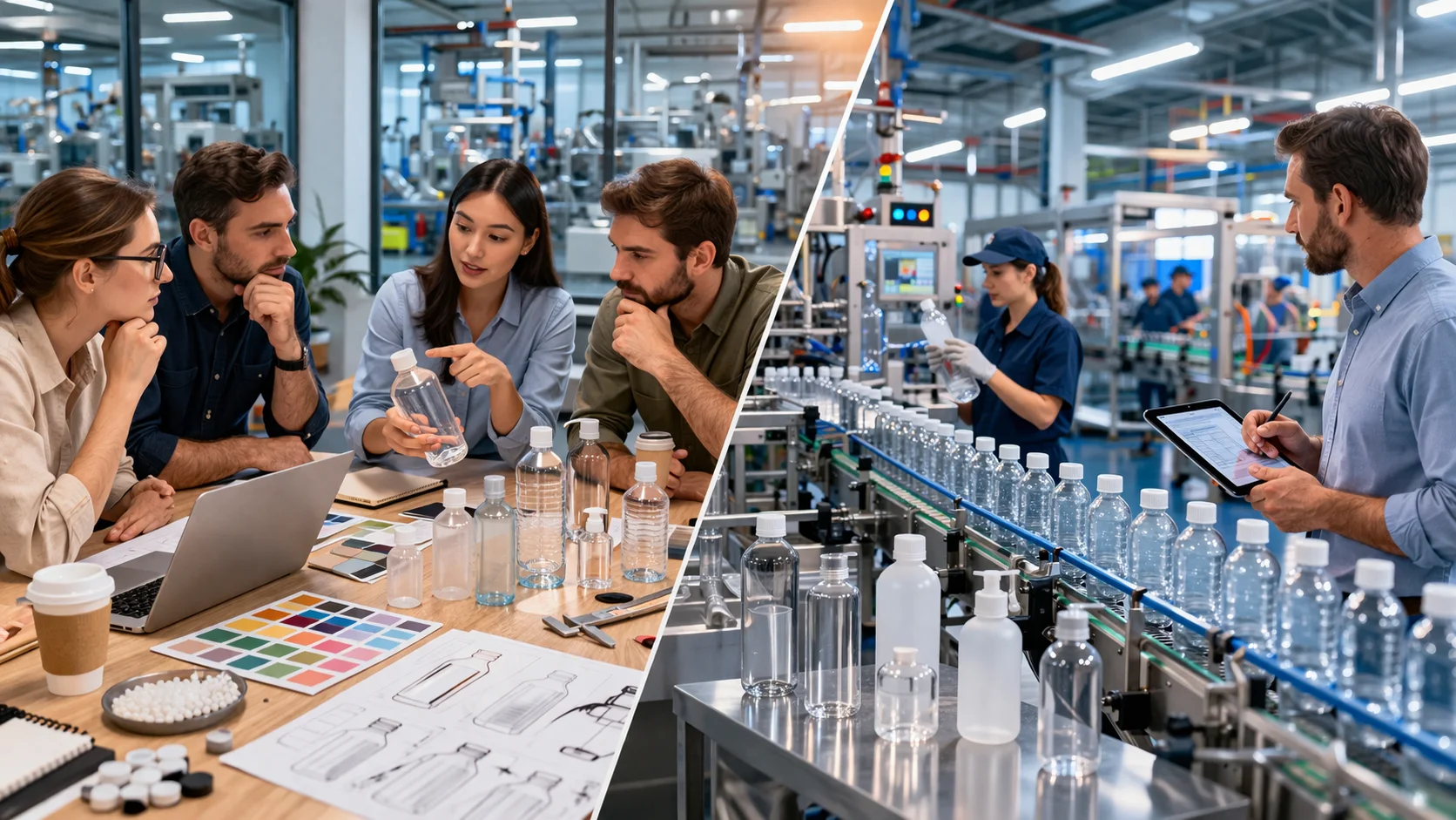 A factory manager reviewing technical drawings of bottles